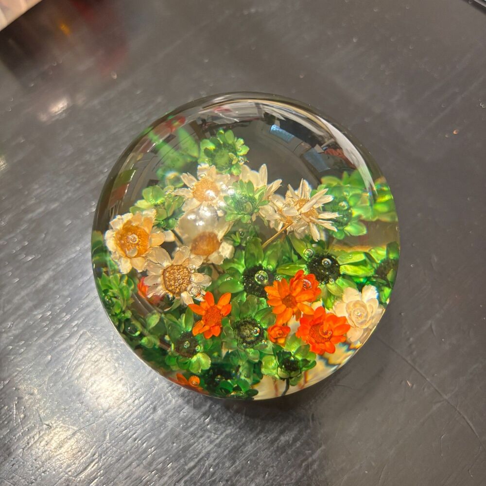 Vintage Lucite Acrylic Floral Paperweight Dome Dried Flowers Orange/Green/White